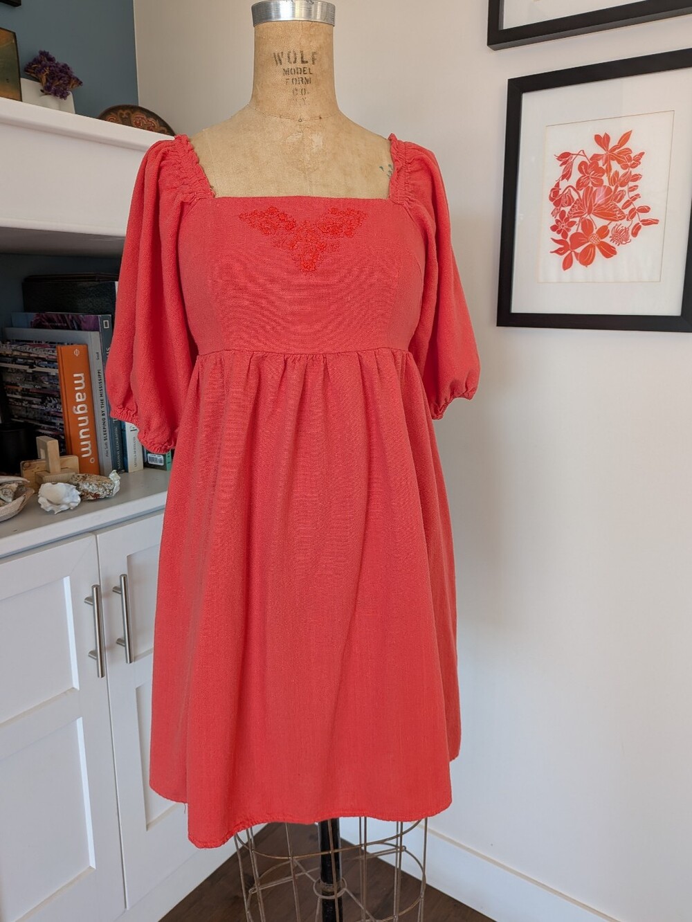 Abel the Label Orange Square-Neck Puff-Sleeve Embroidered Linen Midi Dress